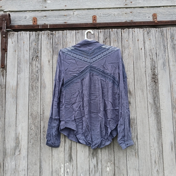 Free People Sz Small Wild Wing Blue Lace Button Front Tunic Blouse Womens - Picture 4 of 7